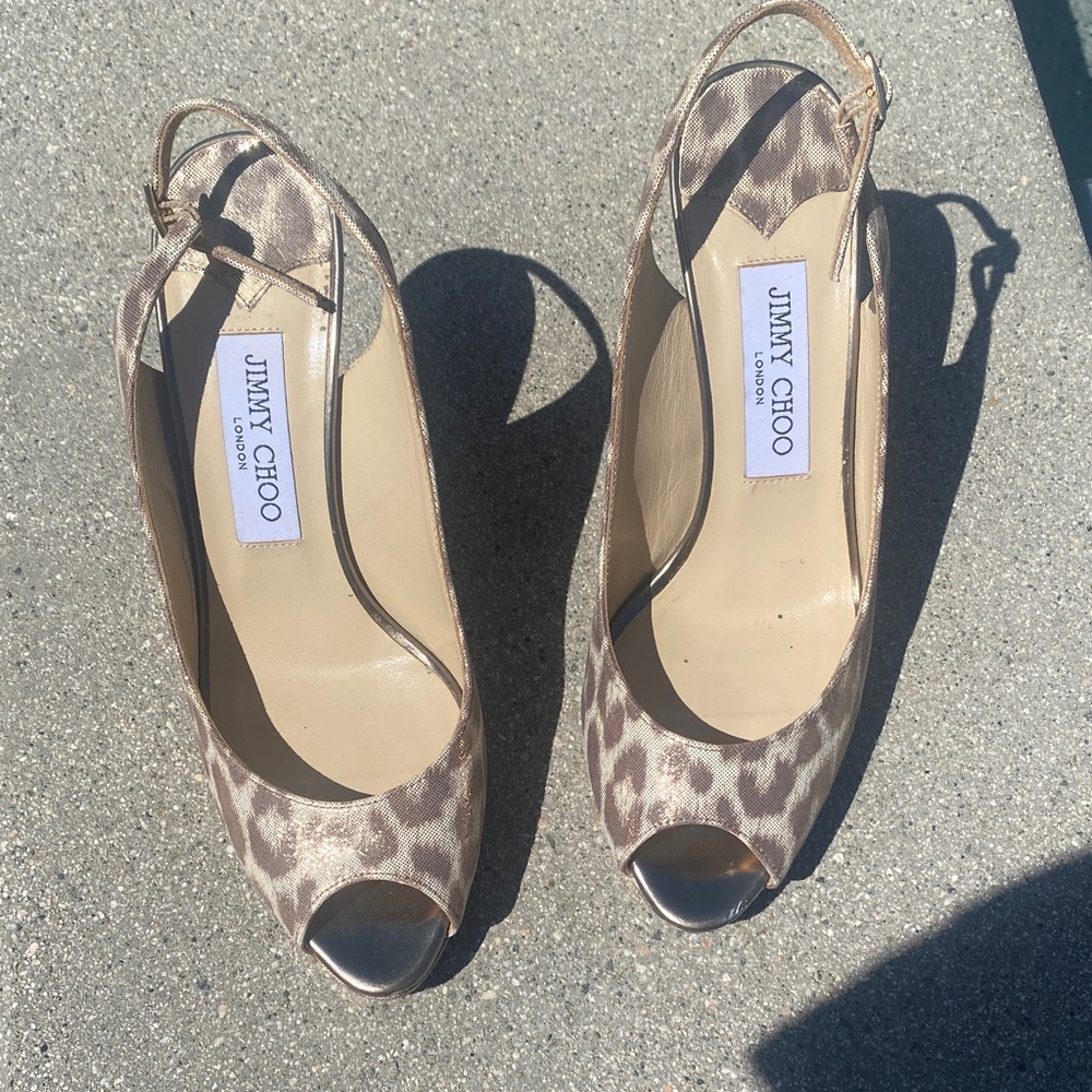 Jimmy Choo Leopard Print Peep-Toe Slingback Heels - Beige Brown